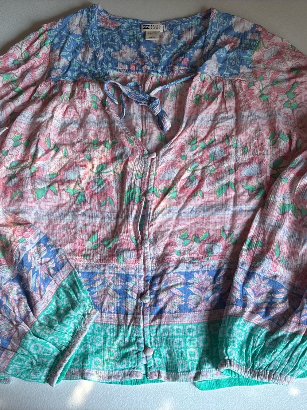 Billabong Floral Tie-Neck Blouse in Blue, Pink & Green